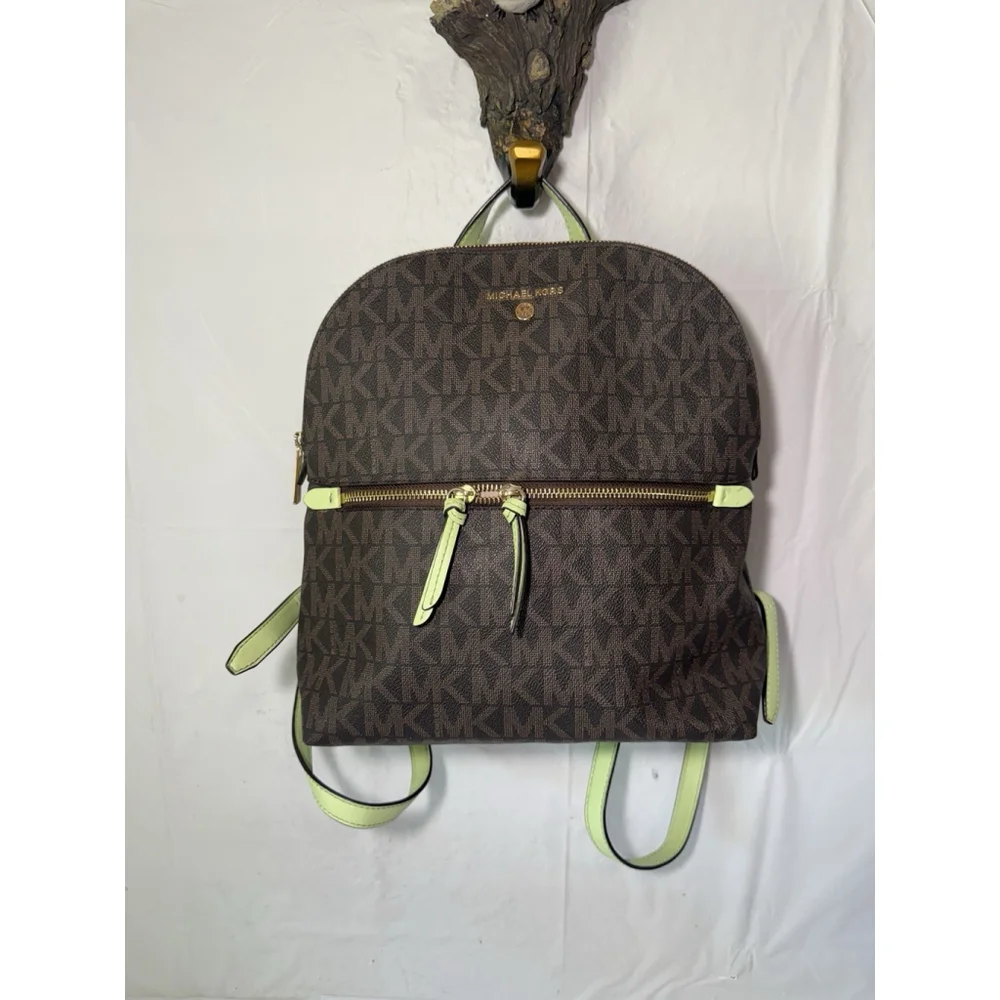 MICHAEL KORS Dallas MD SLIM BACKPACK MK Signature Brown & Green Trim